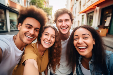 Happy group of young people smiling at the camera outdoors.