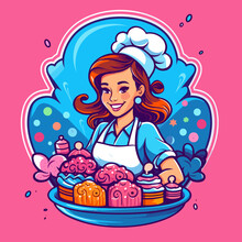 Smiling Pastry Chef Showing Desserts On Plate. Cartoon Vector Illustration.
