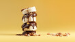 © Natalie Meerson - Layered banana slices sandwiched together with chocolate dripping and almonds on yellow background