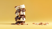 Layered Banana Slices Sandwiched Together With Chocolate Dripping And Almonds On Yellow Background