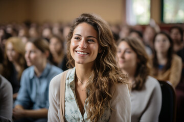 Engaged and Joyful: Smiling students attentively listen to the professor in a classroom hall, with their friends in the background, creating a supportive and enjoyable learning environment