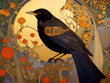 Decorative art nouveau illustration of a blackbird in profile in an ornate nature background