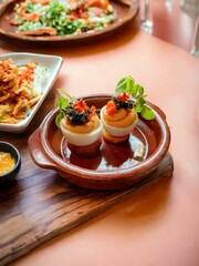 Canvas Print - Bowl of deviled eggs on a wooden board. AI-generated.