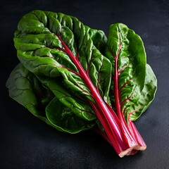 Poster - AI generated illustration of Swiss Chard leaves arranged atop a black surface