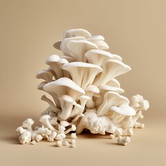 Sticker - AI generated illustration of a cluster of white mushrooms on a cream-colored background