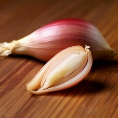 Poster - AI generated illustration of a onion peel rests on a wooden surface