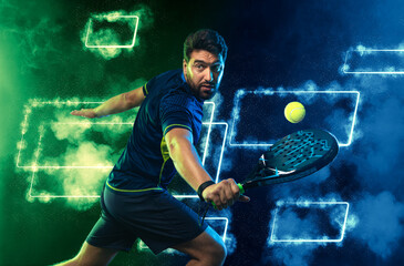 padel tennis player with racket in hand. paddle tenis, on a blue neon background.