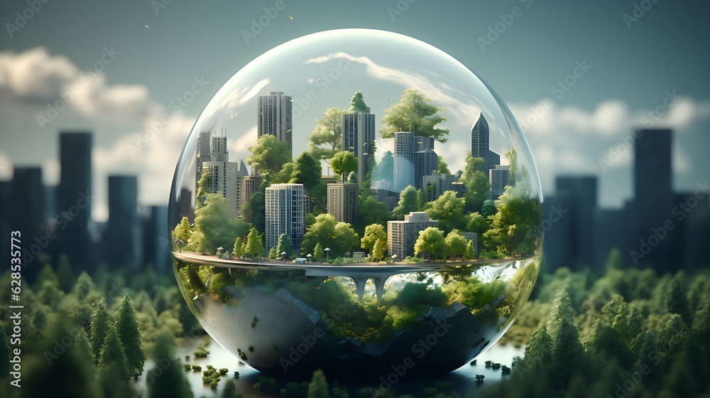 Climate protection illustration with green trees and crystal globe ...