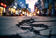 In A Busy City Street, There Is A Road With A Long Crack, Depicting The Effects Of An Earthquake. The Background Appears Blurry
