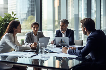 A professional business meeting with executives gathered around a conference table, discussing strategies Generative AI