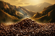 Close-up Coffee Beans On Background Of Mountainous Landscape At Sunrise