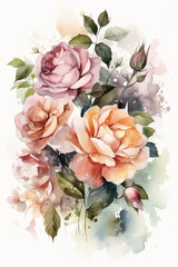  Watercolor roses bouquet illustration on white background. Wedding invitation. Botanical art print