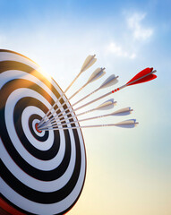 target board with red and white arrows at sunset - 3d illustration
