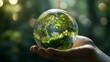 Climate protection Illustration with a glass globe carried by hands, green trees, sustainable environment concept | Generative AI