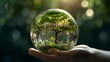 Climate protection Illustration with a glass globe carried by hands, green trees, sustainable environment concept | Generative AI