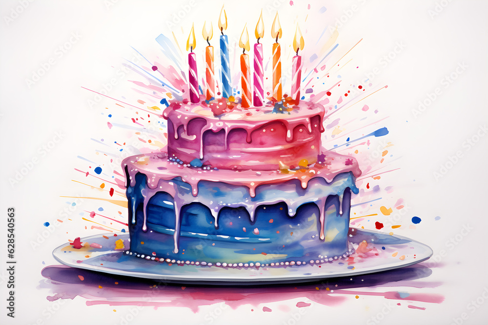 Birthday cake with candles watercolor illustration isolated on white ...