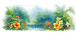 © Olga - Horizontal summer background with tropical flowers with a lake and a forest on the background. For banners, flyers, covers and other summer projects.