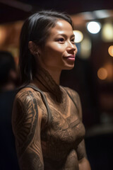 Wall Mural - A tattoo Asian model with intricate Dayak inspired body art poses in front of a dark background, evoking a sense of tribal mystery and allure. generative AI