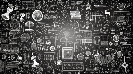abstract mathematical physical formulas and calculations are written in chalk on a blackboard, texture overlay layer.