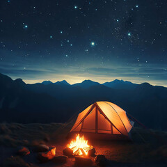 a tent with a campfire outside in the mountains on a beautiful night with constellations in the sky