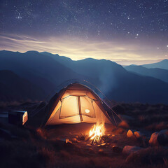 a tent with a campfire outside in the mountains on a beautiful night with constellations in the sky