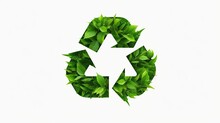 Green Recycle Symbol Made Out Of Leaves, Nature's Elements On White Background. Banner With Copy Space.