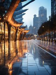 empty pedestrian walkway with city background