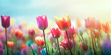 Selective Focus.closeup Of Fantasy Multicolor Tulip Flower Blooming In Garden With Landscape Meadow Mountain View.nature Spring Background.generative Ai Art