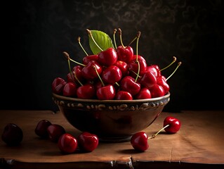 Poster - AI generated illustration of a pile of fresh, ripe cherries in a ceramic bowl