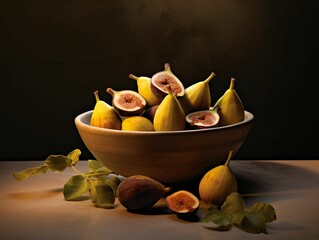 Canvas Print - AI generated illustration of a pile of fresh, ripe figs in a ceramic bowl