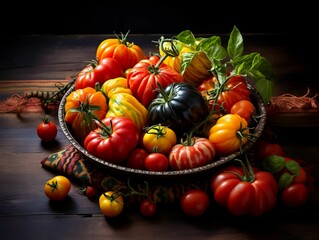 Poster - AI generated illustration of a plate of colorful tomatoes on the rustic table