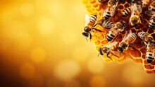Cute Swarm Of Bees Working At Bee Honeycomb; Background With Empty Space For Text   