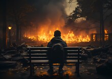 Fire Breaks Out At A Park And There Are Benches There, In The Style Of Science - Fiction
