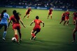 © Prathankarnpap - Woman soccer player wearing in uniform battle action in soccer stadium, Generative Ai content.