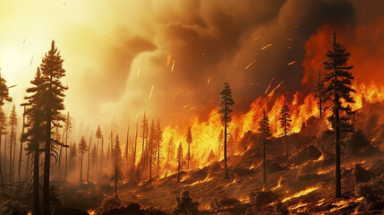 Wall Mural - forest fire landscape global warming catastrophe apocalypse nature. climate change. Generative AI