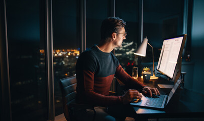 Late night marketing plan: Professional man typing on laptop in office