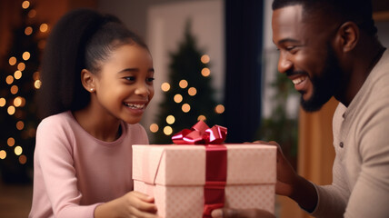 Happy Father's Day. African american daughter gives dad gift box for holiday at home in a happy atmosphere. generative AI