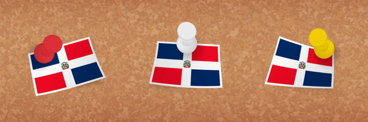 Wall Mural - Dominican Republic flag pinned in cork board, three versions of Dominican Republic flag.