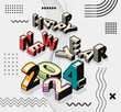 new year 2024 banner design with modern geometric abstract background in retro style. happy new year greeting card cover for 2024 calligraphy typography with colorful shapes. isometric vector.