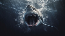White Shark Underwater Jaws Open Predator Attacks.