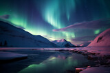 Fototapeta Tęcza - Fantastic view of aurora borealis and stars in the snowy winter sky. Generative AI