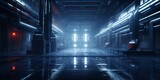 Fototapeta Perspektywa 3d - Empty Flooded Industrial Hallway at Night with Eerie Reflections and Dim Lighting, Copy Space, Generative AI