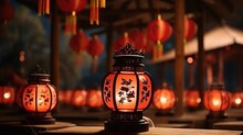 Traditional Asian New Year Red Lamps Festival Decorated Generative Ai