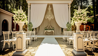 Sticker - White wedding ceremony setup with chandelier and white drapes