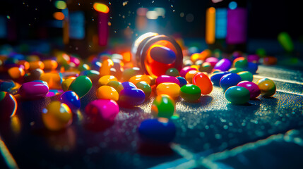 Wall Mural - Bunch of colorful balls sitting on top of blue table next to each other