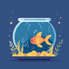 Illustration of a goldfish in a small glass aquarium. The aquarium is beautifully decorated and goldfish swim in it.
