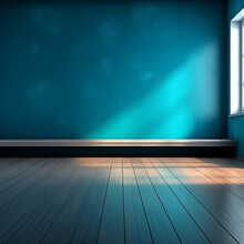 Blue Turquoise Empty Wall And Wooden Floor. Beautiful Versatile Backrop For Product Design.