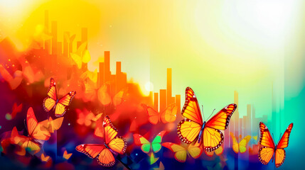 Wall Mural - Group of butterflies flying in the sky over city with tall buildings