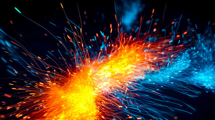 Wall Mural - Close up of firework on black background with blue and orange colors