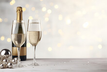 A Glass Of Champagne On A Silver Background With Highlights For Christmas And New Year. With Generative AI Technology